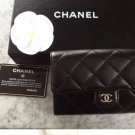 CHANEL Black Quilted Lambskin Leather BiFold Purse Wallet Clutch Flap Bag SHW