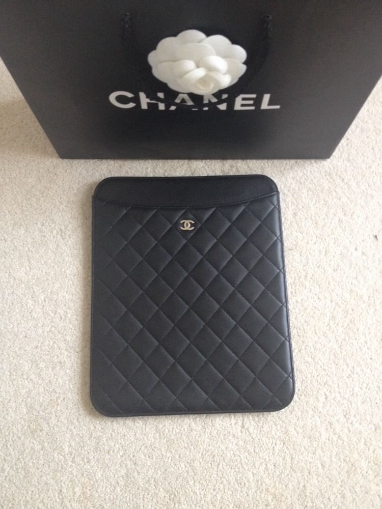 Chanel Black Lambskin Quilted Leather iPad Tablet Case Pouch