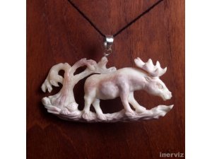 Hand Carved Moose 3" Buffalo Bone 925 Sterling Silver Pendant BP1131