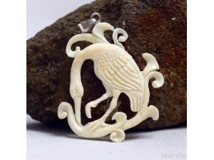 Hand Carved Stork 2.6" Buffalo Bone 925 Sterling Silver Pendant BP1454