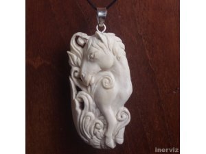 Hand Carved Horse 2.8" Natural Buffalo Bone 925 Silver Pendant BP1073