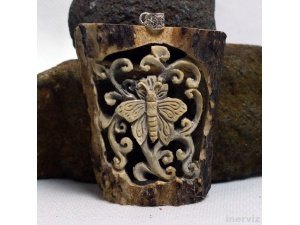 Hand Carved Butterfly 3" Natural Deer Antler Pendant Sterling Silver 925 AP1510