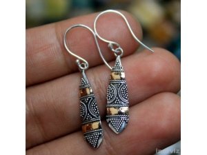 25mm Balinese Floral Motive 925 Sterling Silver w 18K Gold Bali Dangle Earring