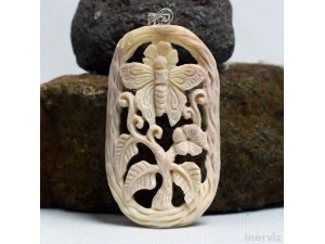 Hand Carved Butterfly 2.2" Natural Buffalo Bone 925 Silver Pendant BP1603