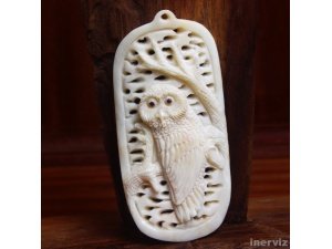 Hand Carved Owl Figurine 2.9" Buffalo Bone Pendant Bead Necklace BP1152