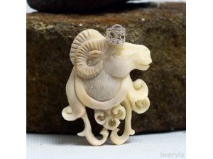 Hand Carved Goat 2"Natural Labrador Bone Pendant Sterling Silver 925 BP1628
