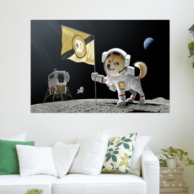 Doge Dog Astronaut Meme Moon Landing Earth Planet Flag Poster 36x24 inch