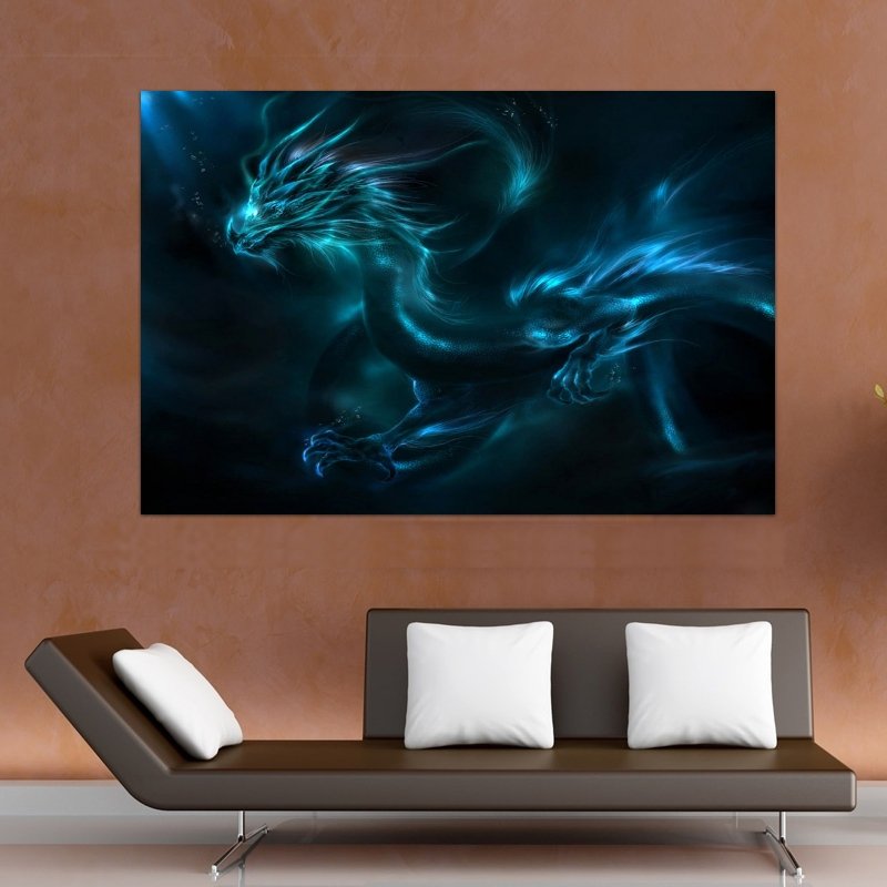 Fantasy Blue Dragon  Art Poster Print  36x24 inch