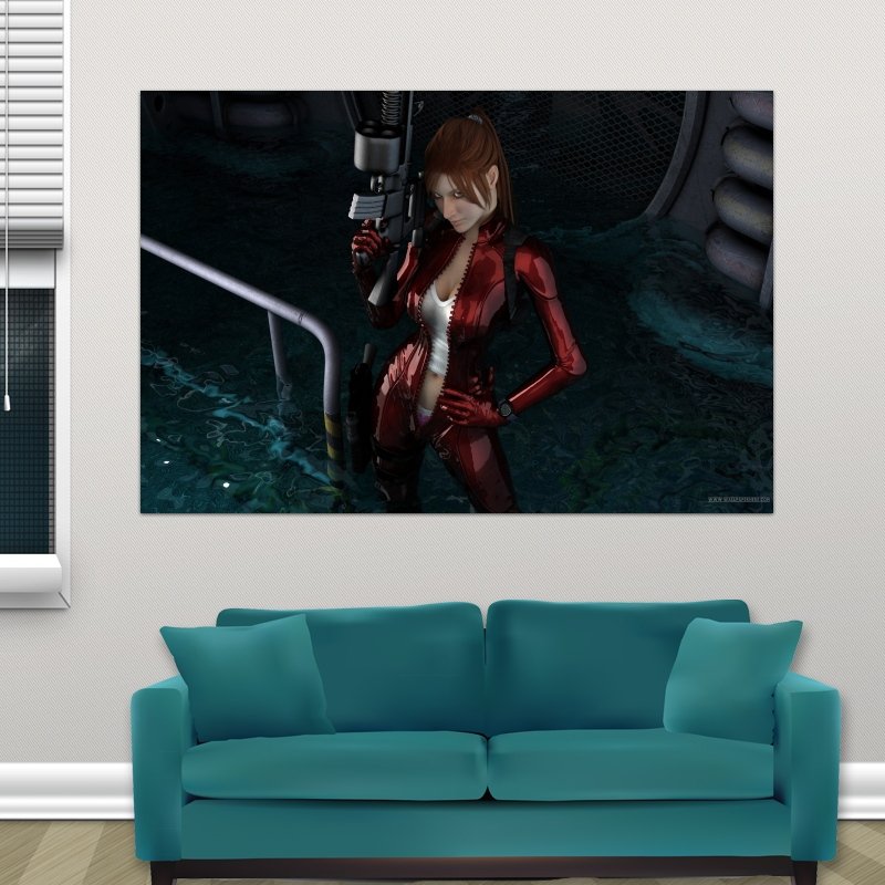 3d Girl In Red Jumpsuit  Art Poster Print  36x24 inch