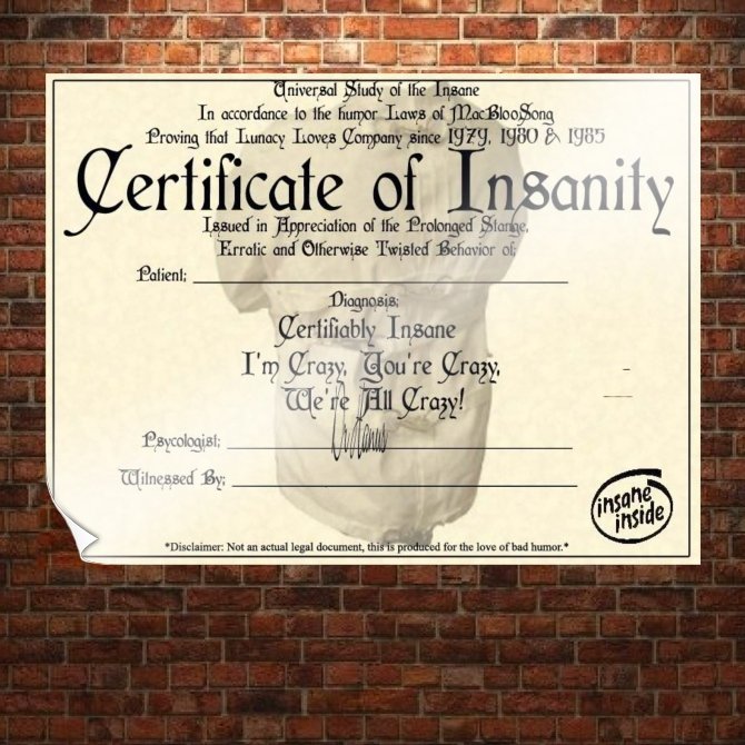 Certificate Of Insanity Art Poster Print 32x24 inch