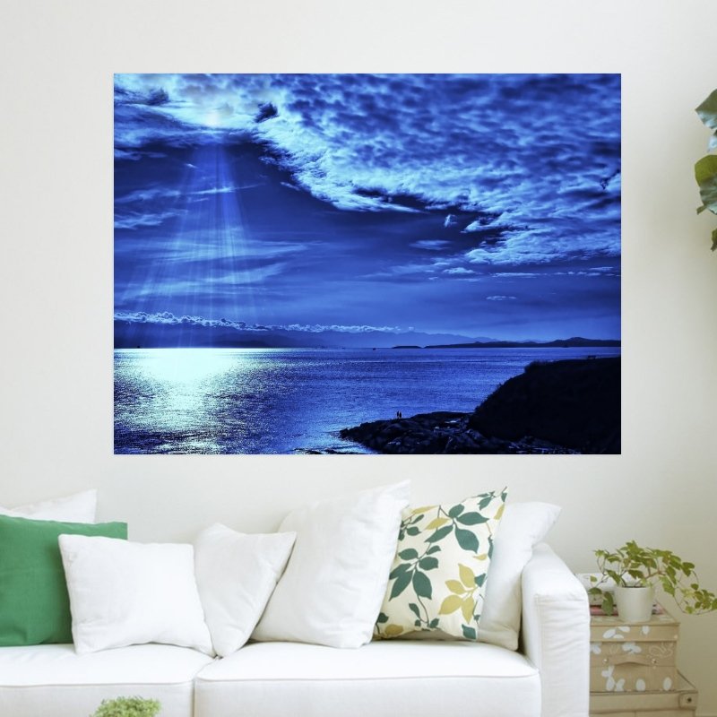 Blue Night Sea  Art Poster Print  24x18 inch