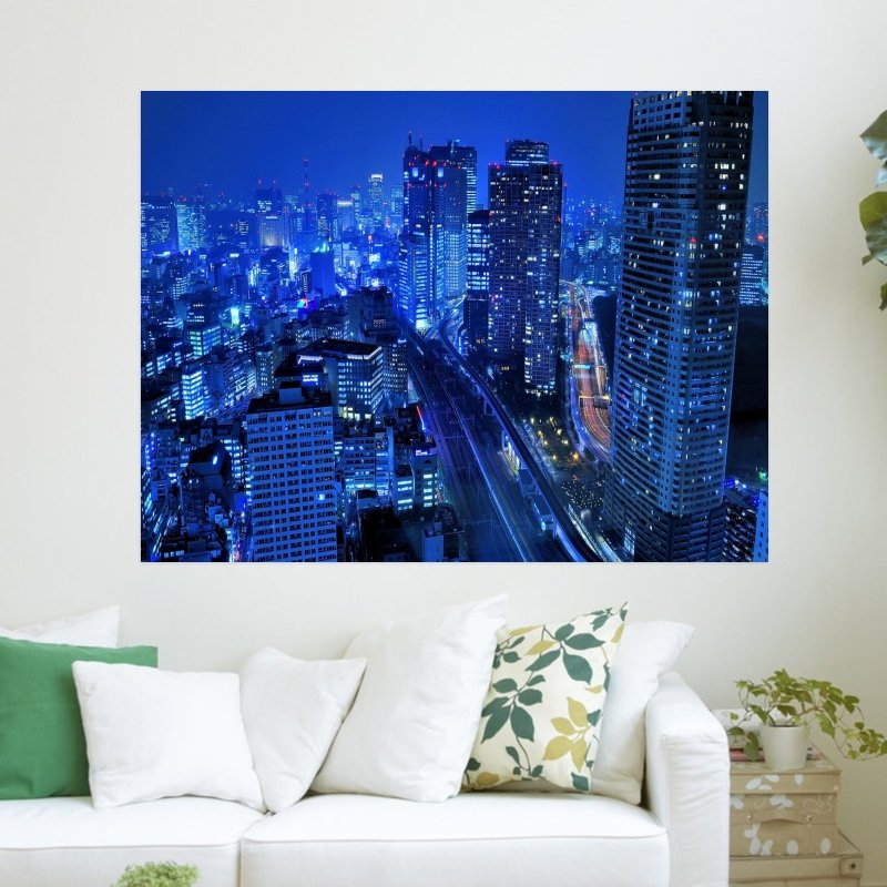 Blue Night City  Art Poster Print  24x18 inch