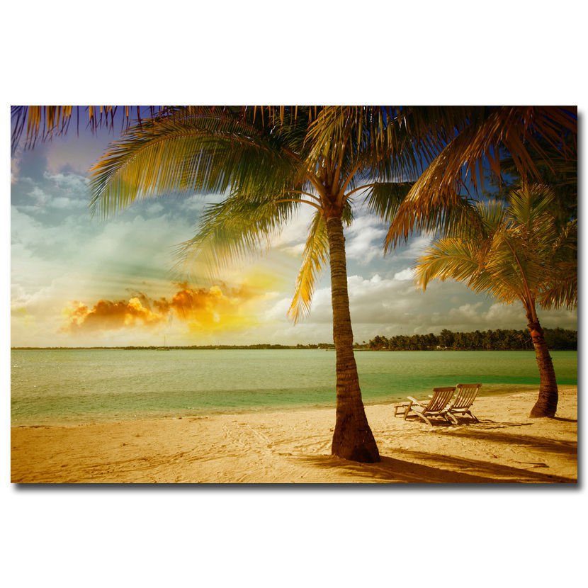 Sunset Tropical Sea Beach Nature Art Poster Palm Tree 32x24