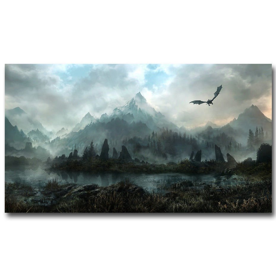 Dragon Fly On Mountain Lake Fantasy Landscape Art Poster 32x24