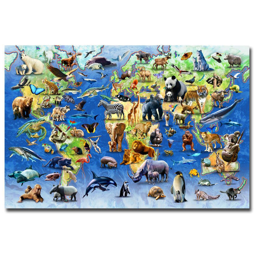 Animals World Map Landscape Poster For Children Room Decor 32x24