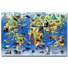 Animals World Map Landscape Poster For Children Room Decor 32x24