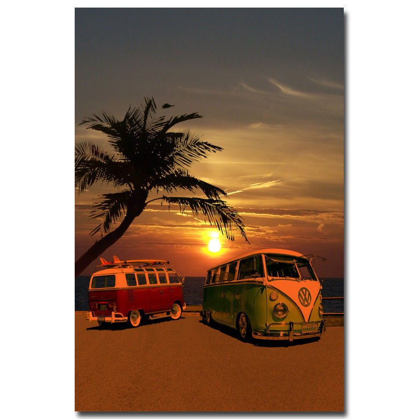 Sunset VW Bus At Surf Beach Landscape Art Poster 32x24