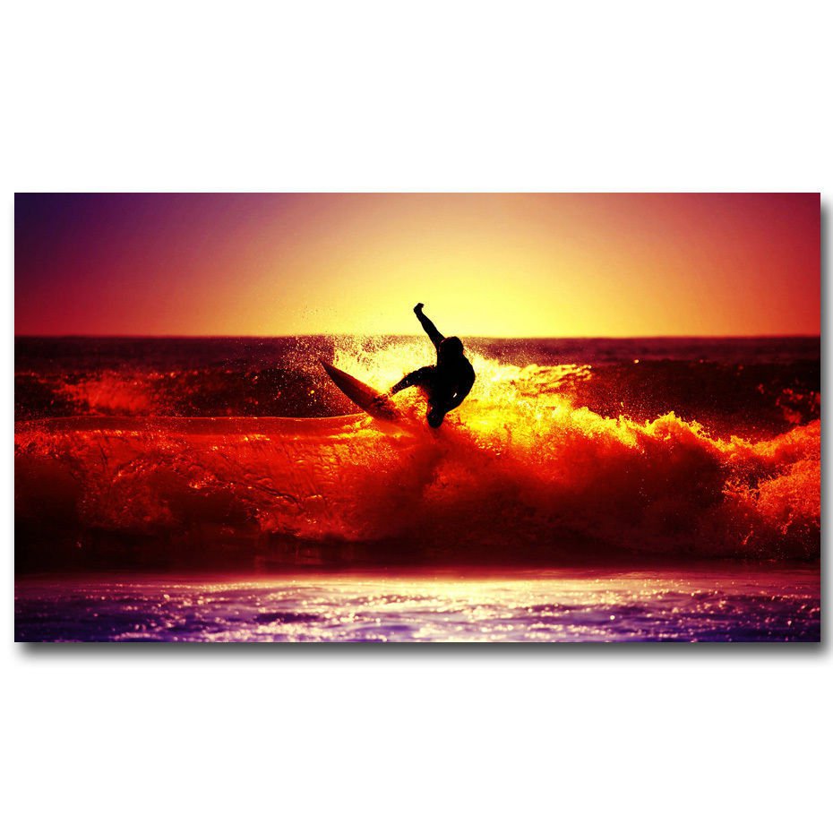 Sunset Surfing Ocean Waves Sports Landscape Art Poster 32x24