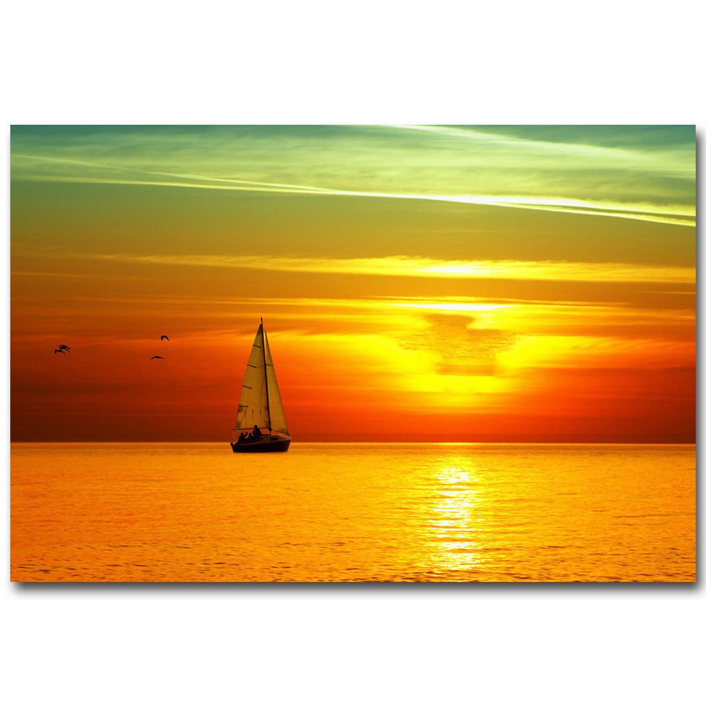 Sailboat Seabeach Sunset Skyline Nature Poster 32x24