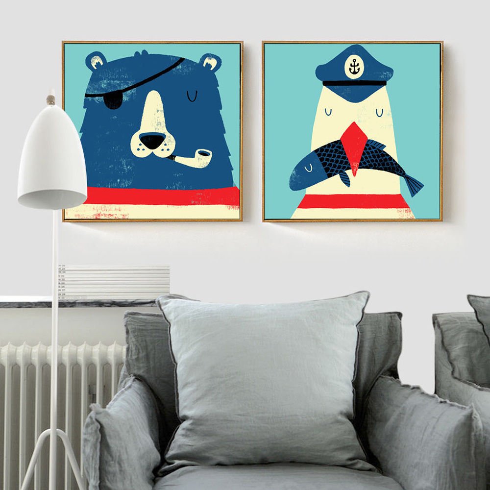 Cartoon Animal Penguin And Polar Bear Minimalist Art Canvas Poster Picture 32x24