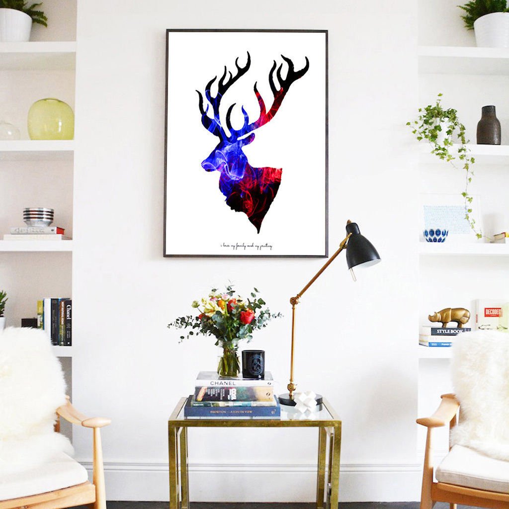 Colorful Deer Head Minimalist Art Canvas Poster Modern Home Room Decor 32x24