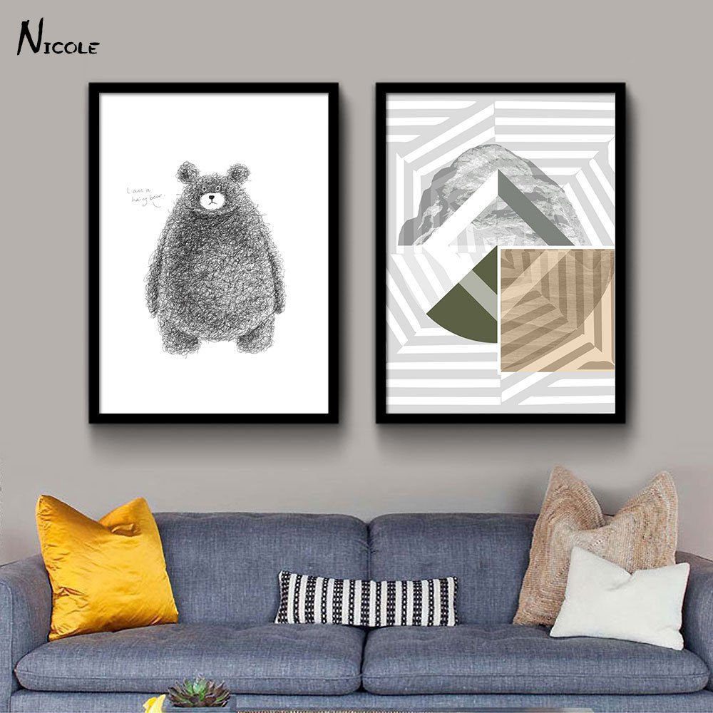 Bear Animal Minimalist Art Canvas Poster Geometry Pictures Modern Decor 32x24
