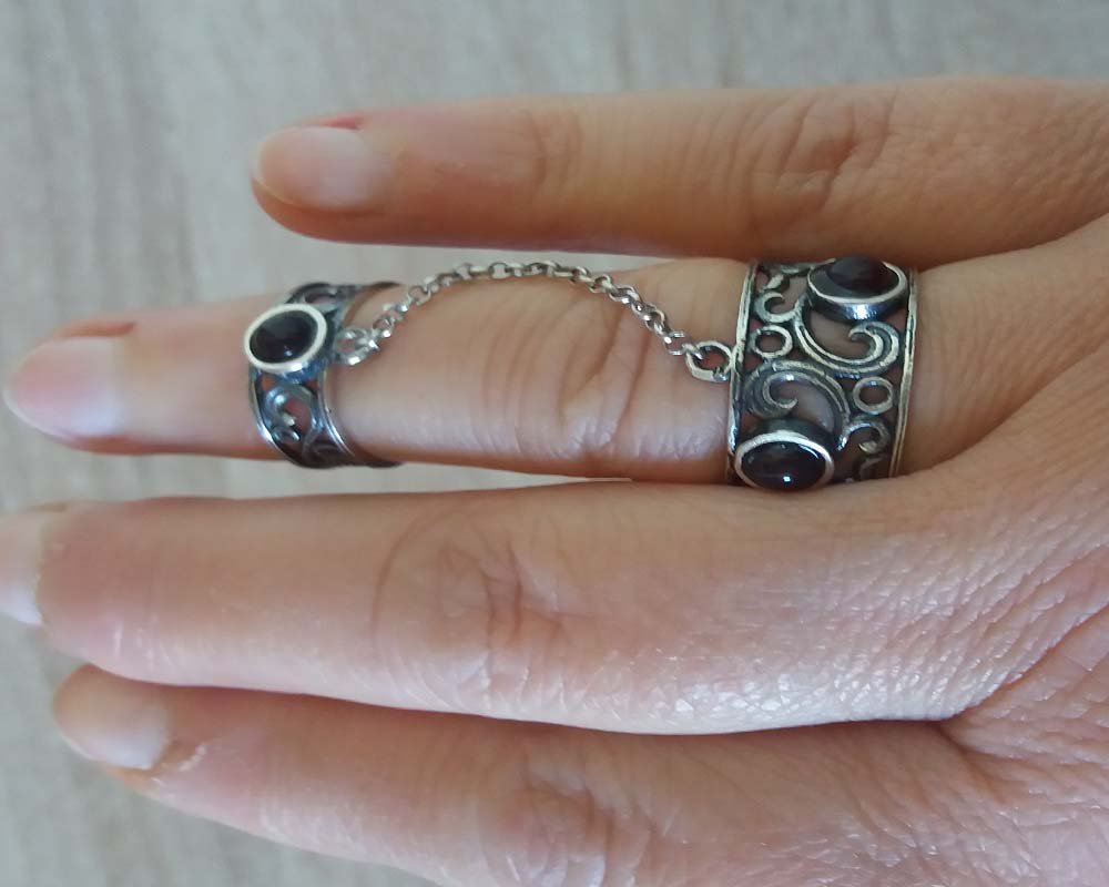 Armenian Double Ring Sterling Silver with Three Natural Stones