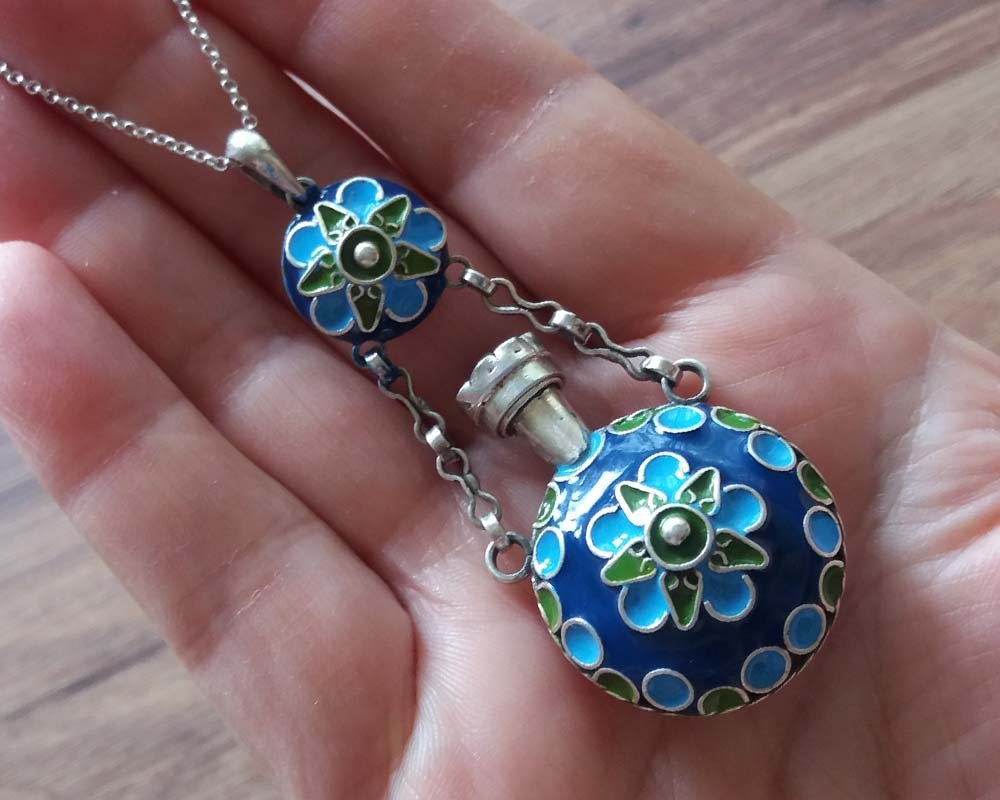 Armenian Enamel Sterling Silver Perfume Bottle Necklace