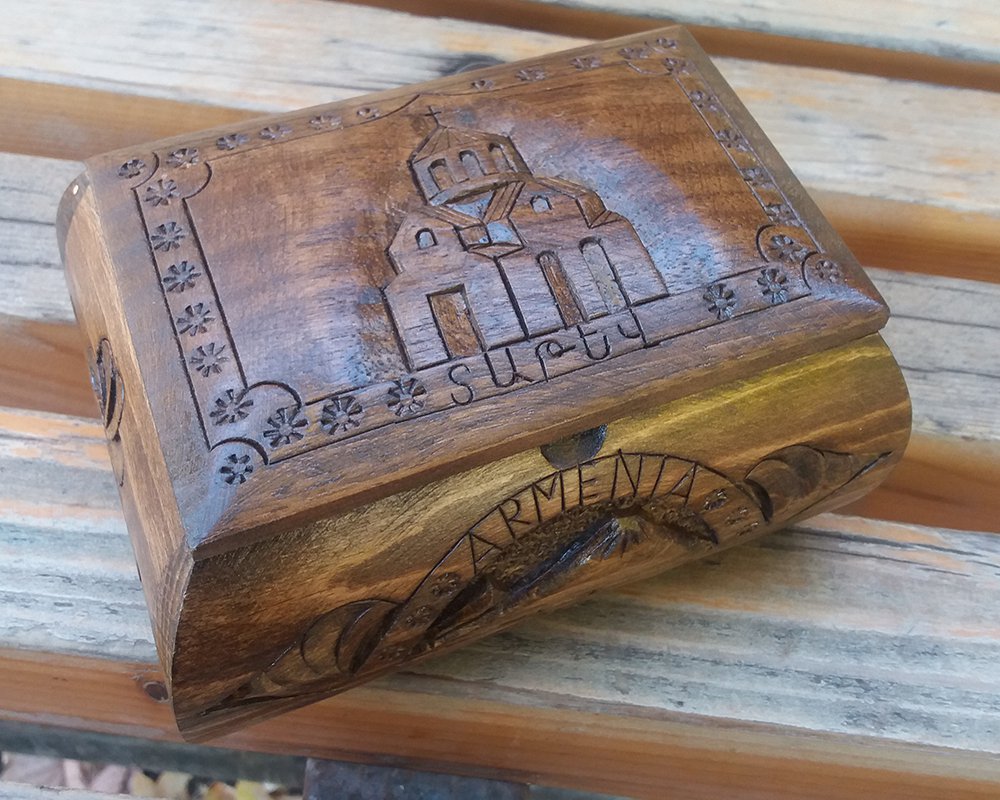 Handcrafted Armenian wooden box with Mount Ararat and Tatev Monastery