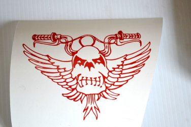 Motorcycle Handlebars with wings Scull face Bone Vinyl Decal Window in Red