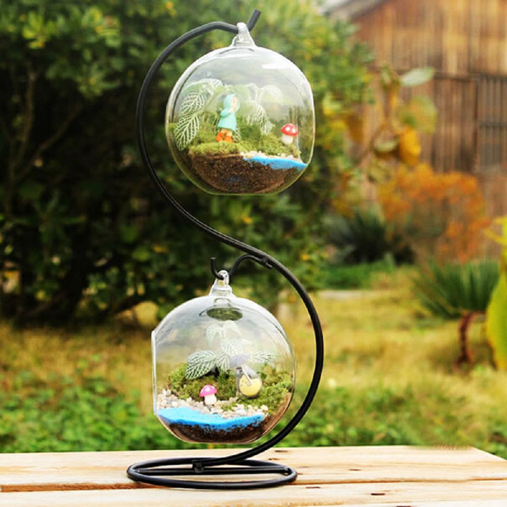 Gift Set - 2 Pcs 9.5cm Dia. Ball Shape Hanging Glass Vase with 30cm S Shape Iron Suspension Rack!