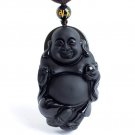 Natural Black Obsidian Carved Happy Maitreya Buddha Free Beads Necklace!