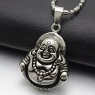 Silver Tone Black Enamel Stainless Steel Laughing Smiling Buddha Pendant w S/S 60CM Chain
