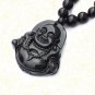 Natural Black Bian Stone Carved Lucky Laughing Buddha Pendant Beads Necklace Massager