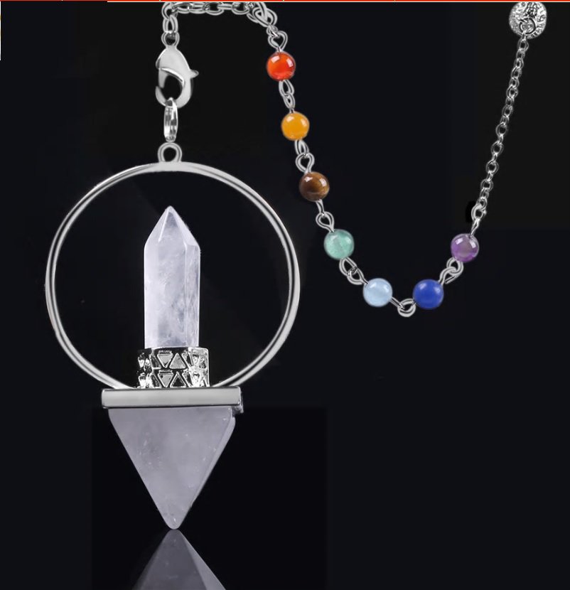 Quartz Crystal Reiki Healing Natural Stone Dowsing Pendulum  - Crystal Quartz with 7-Chakra Necklace