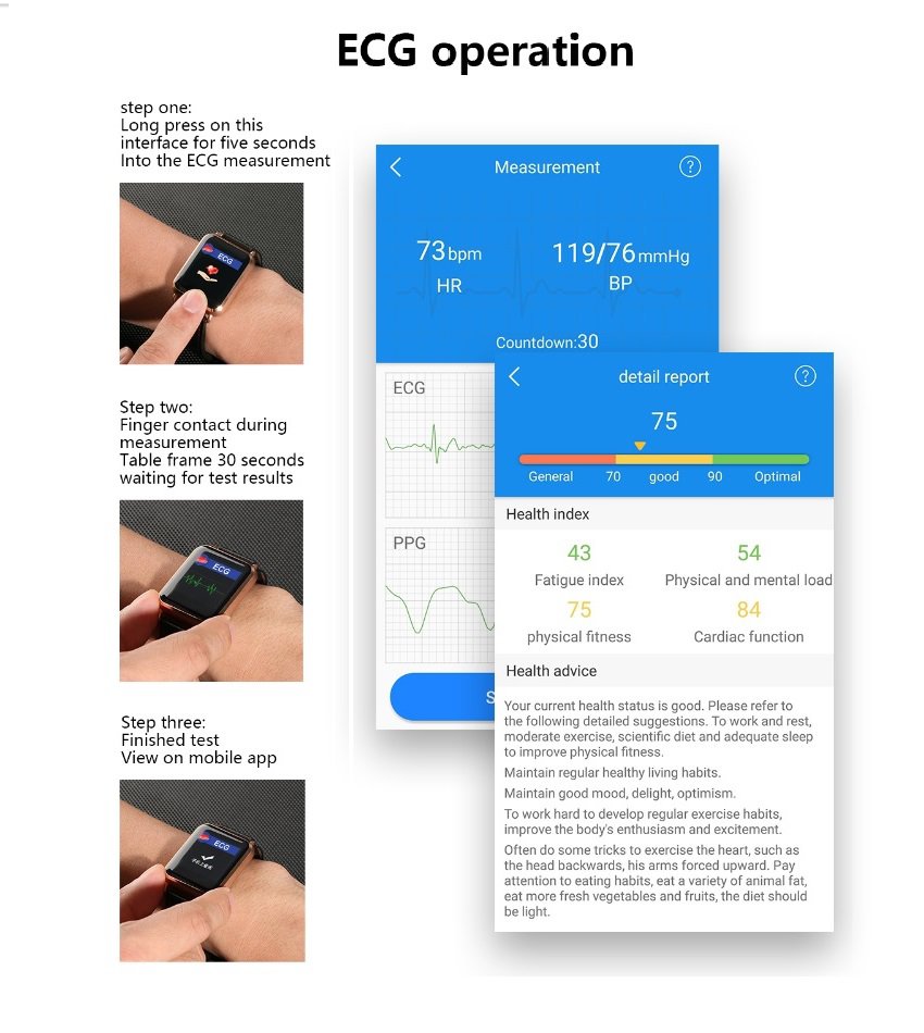 ECG+PPG Heart Rate Blood Pressure 1.3' Multi Sport Modes Smart Fitness