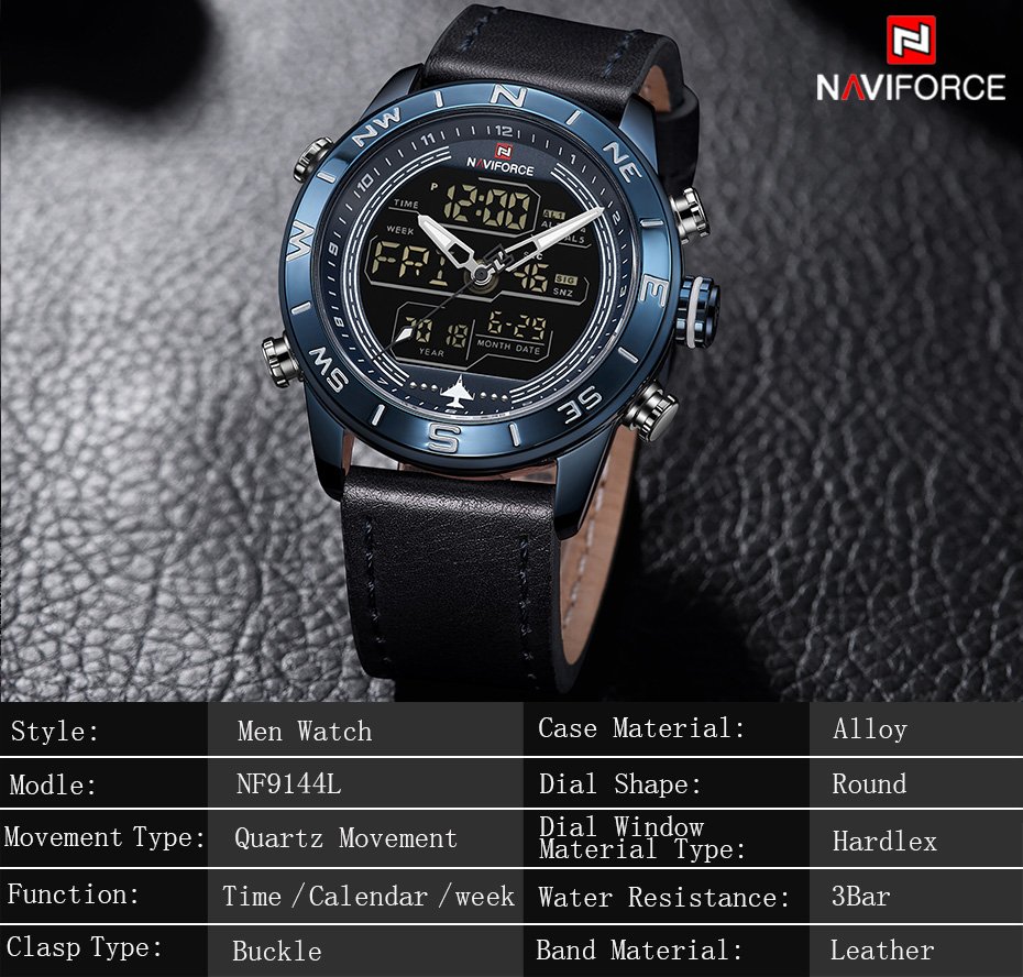 NAVIFORCE NF9144 Water Resistant LED Dual Display Watch Chronograph ...