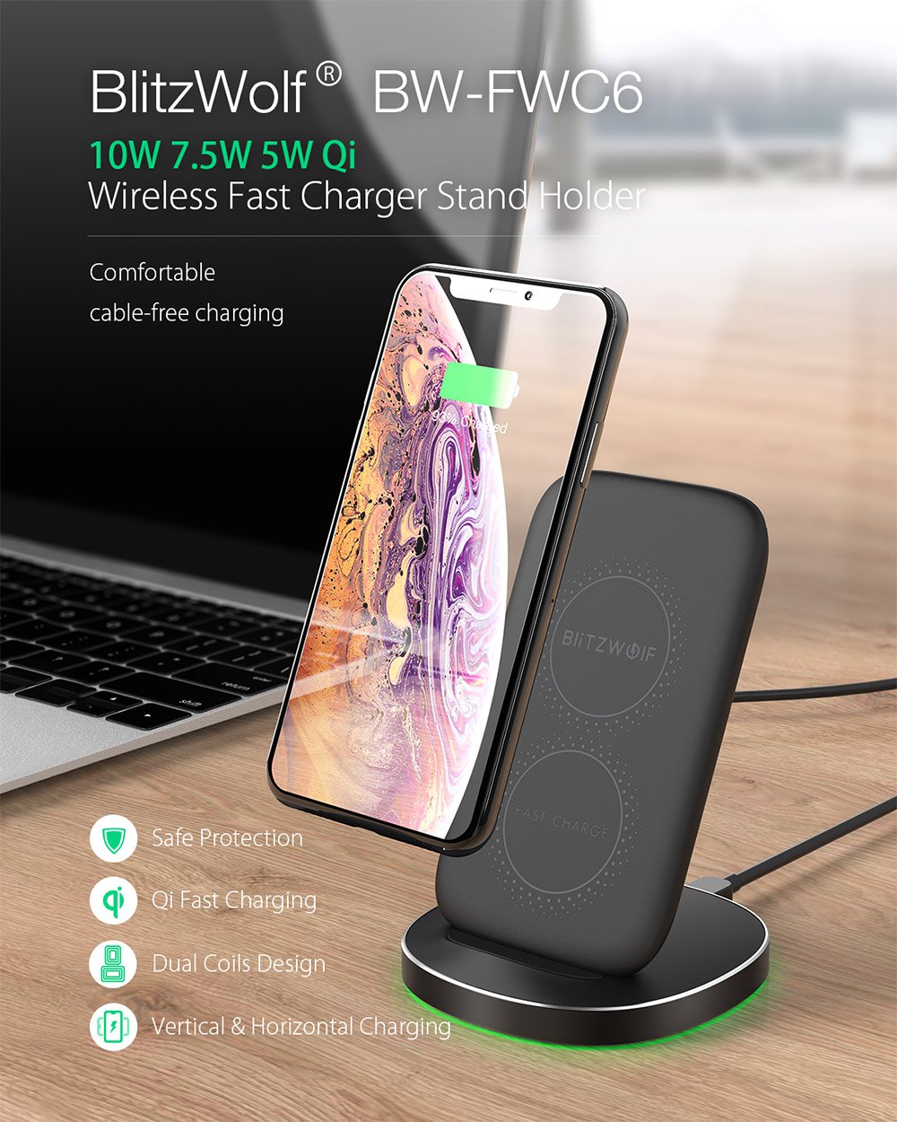 BW FWC6 10W 7.5W 5W Dual Coils Qi Smart Wireless Fast Charger