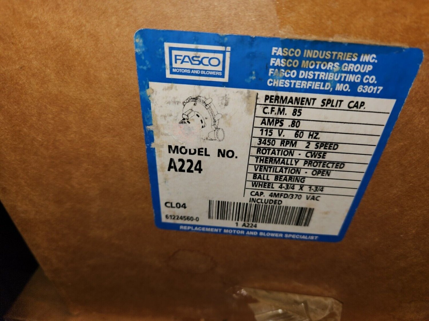 Fasco  #A224 Draft Inducer Furnace Motor York 115 volt 3450 Rpm 2-Speed