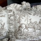 2 English Brown TOILE PILLOWS Hunting Scene Cotton RaRe