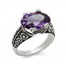 Ornate Oval CZ Amethyst Ring ~ Stainless Steel