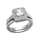 Cushion Cut Pave CZ Engagement / Wedding Ring Set ~ Stainless Steel