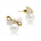 Pink Bow Synthetic Pearl Earrings ~ Ion Gold Plated Brass