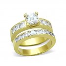 Lovely Ion Plated Gold CZ Engagement / Wedding Ring Set ~ Stainless Steel