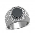 Synthetic Black Onyx & Crystal Octagon Ring ~ Stainless Steel