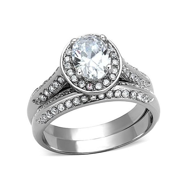 Elegant Pave CZ Enagement / Wedding Ring Set ~ Stainless Steel
