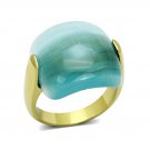 Fashionable Ion Gold Plated Aqua Synthetic Cat's Eye Ring ~ Stainless Steel
