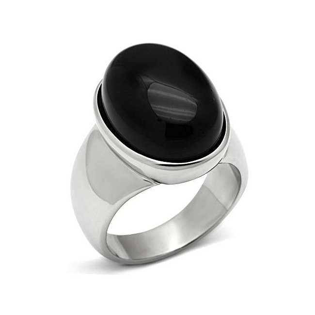 Large Stone Synthetic Black Onyx Ring ~ Stainless Steel