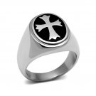 Round Black Epoxy Cross Ring ~ Stainless Steel Silver