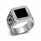 Square Synthetic Black Epoxy Crystal Ring ~ Stainless Steel Silver